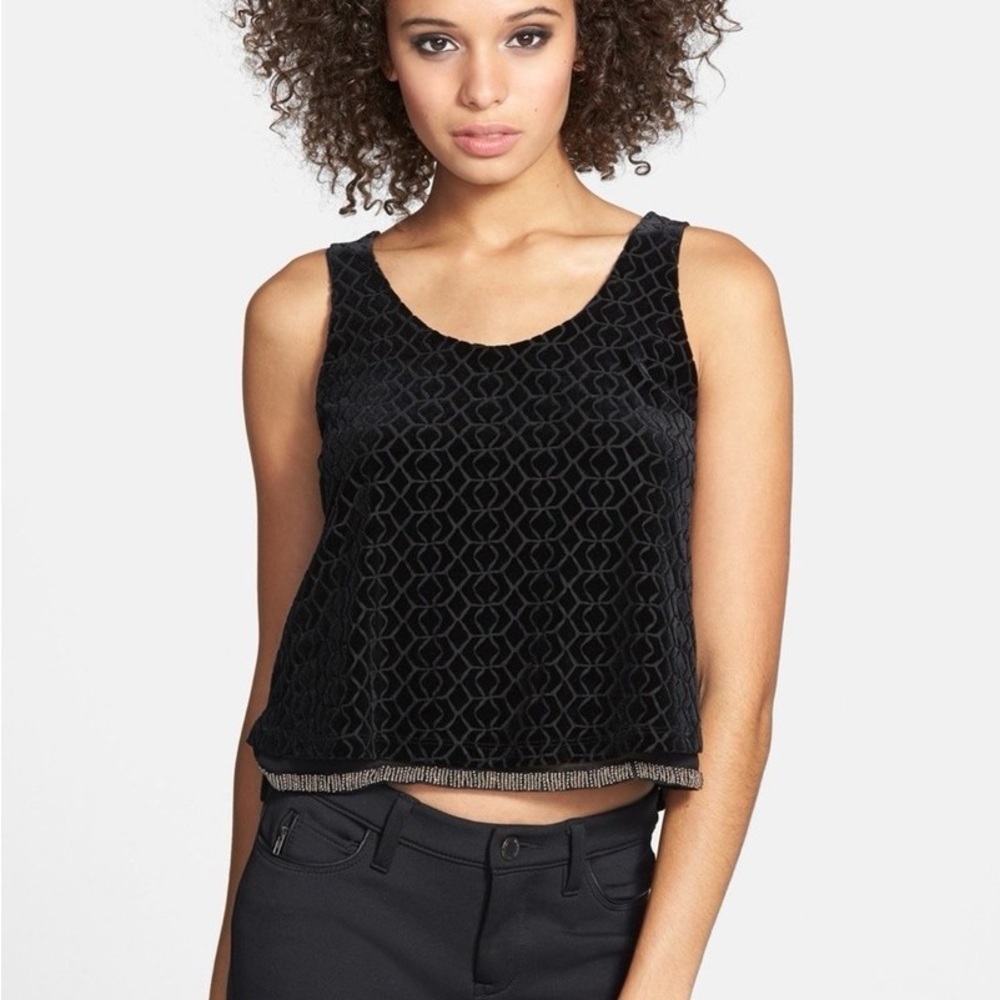 ASTR Black Velvet Pattern Beaded Hem Tank Small